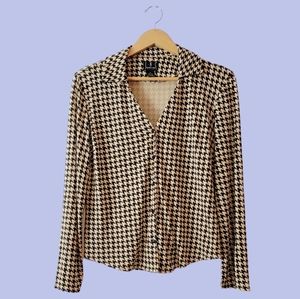 Vintage Houndstooth Y2K 90s Silk Brown Tan Long Sleeve Button Shirt Blouse M